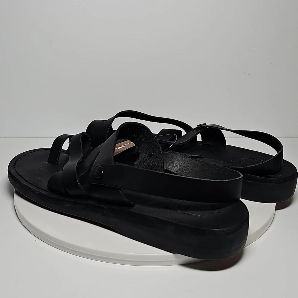 Jerusalem Amos Flat Sandals Ankle Strap Toe Loop‎ Adjustable Leather Black 13 46